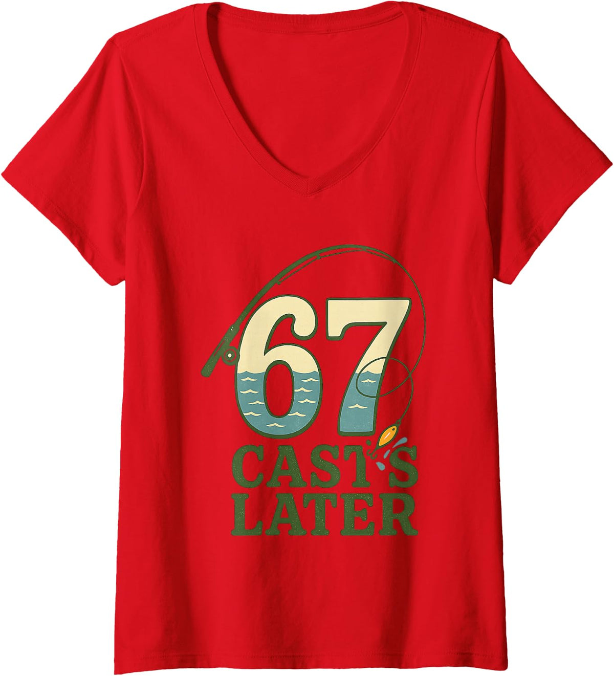 Women's 6 7 Meme Gen Alpha Retro Fishing Rod Lure Angler Bass Fisher V-Neck T-Shirt - Red