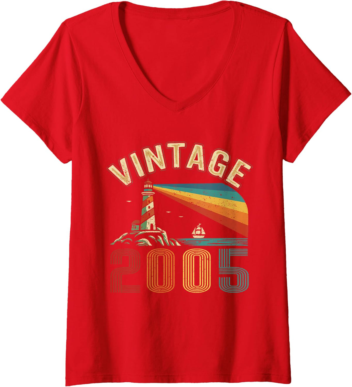Women's Vintage 2005 Retro Year Classic 2005 Funny Birth of Birthday V-Neck T-Shirt - Red
