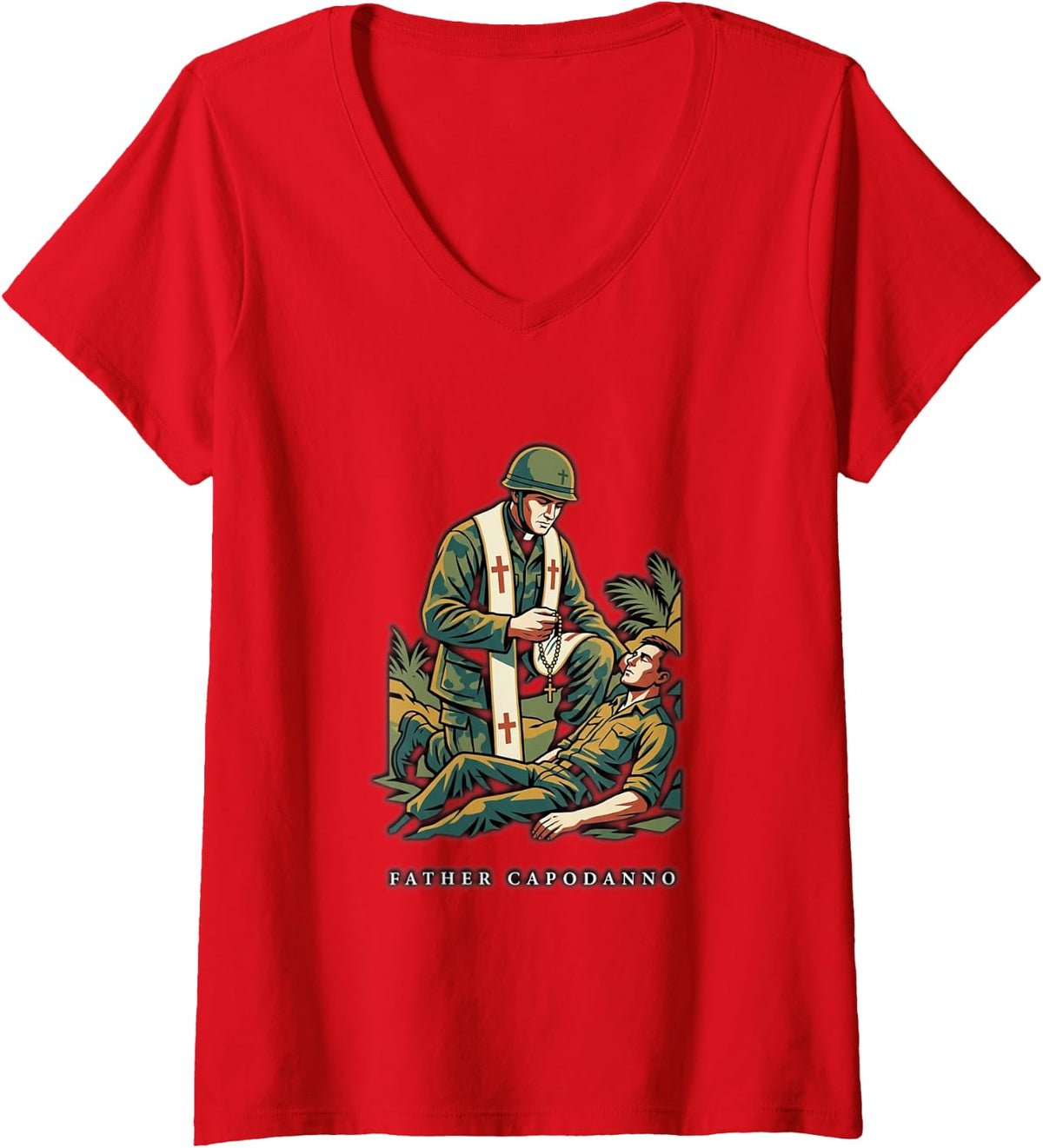 Women's Father Capodanno Vietnam Chaplain Catholic V-Neck T-Shirt - Red