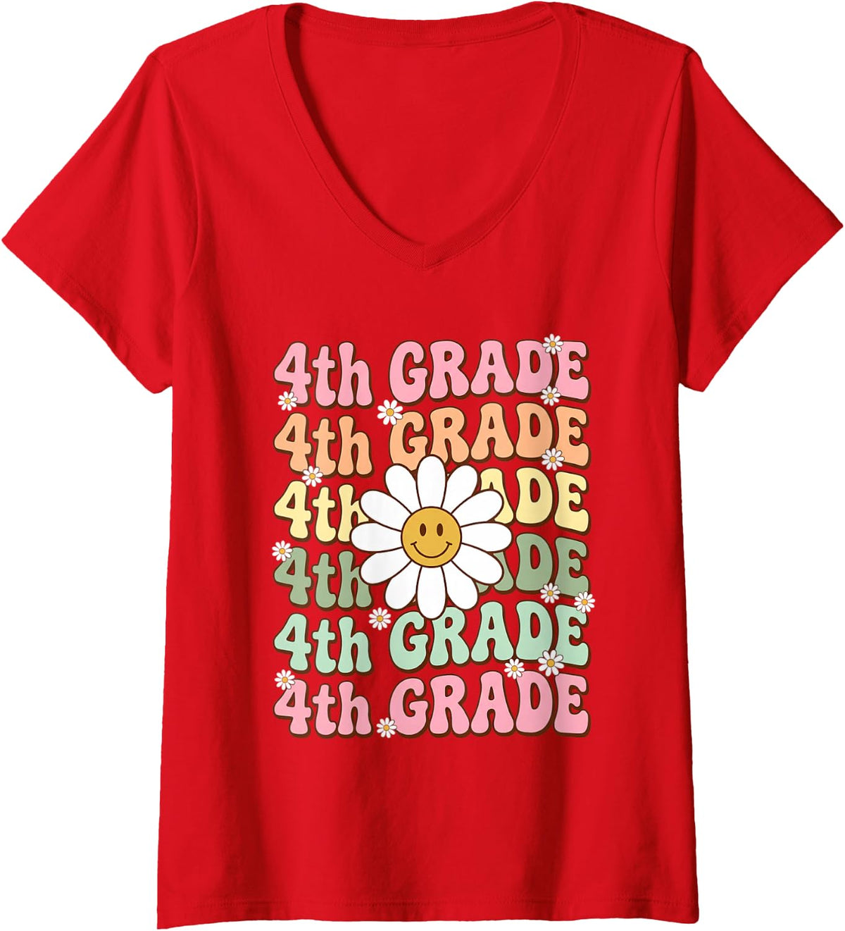 Women's Retro 4TH Grade Groovy Daisy Flower Back to School V-Neck T-Shirt - Red