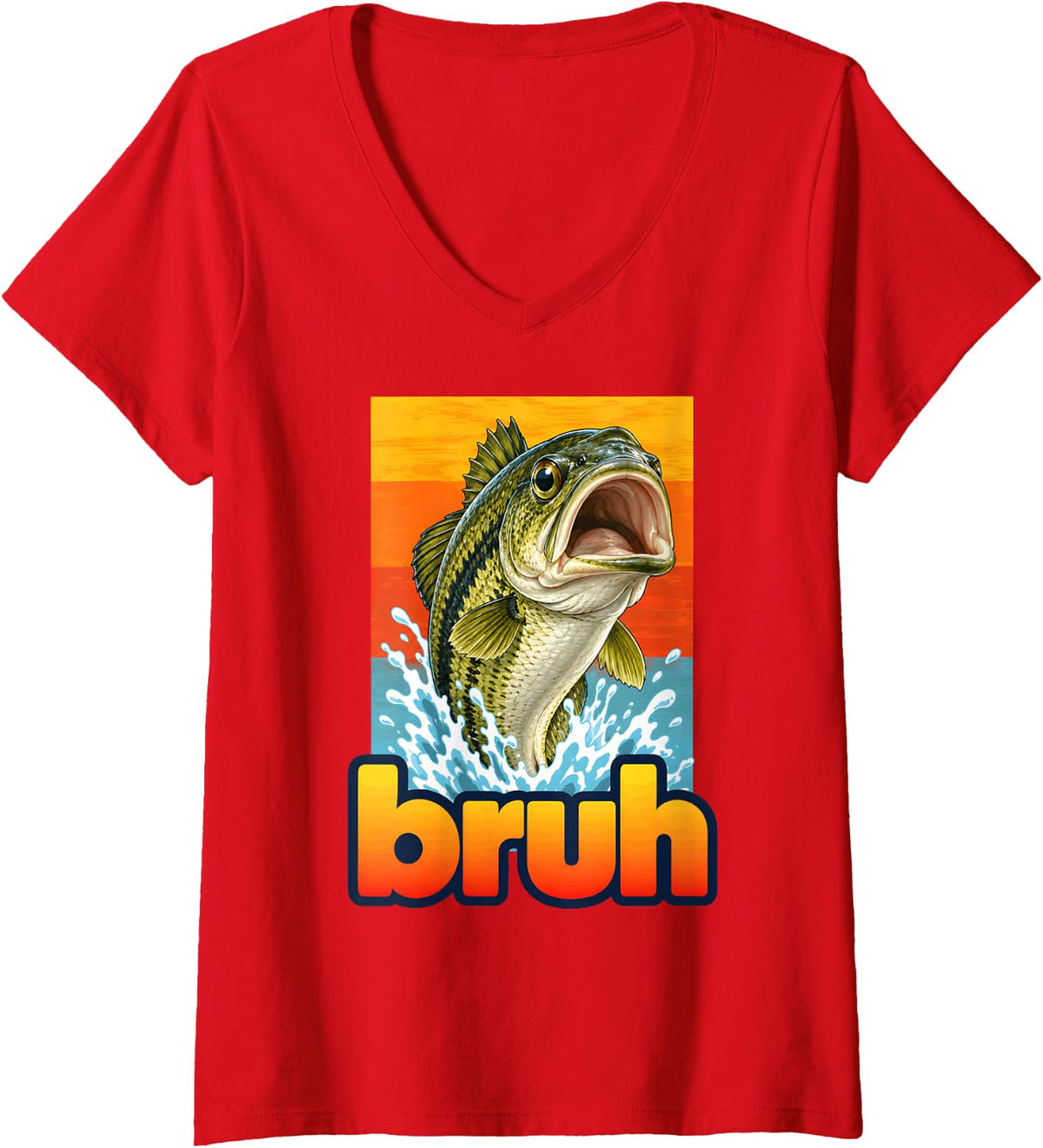 Women's Bruh Largemouth Bass Fish Jumping Deadpan Funny Fishing Meme V-Neck T-Shirt - Red