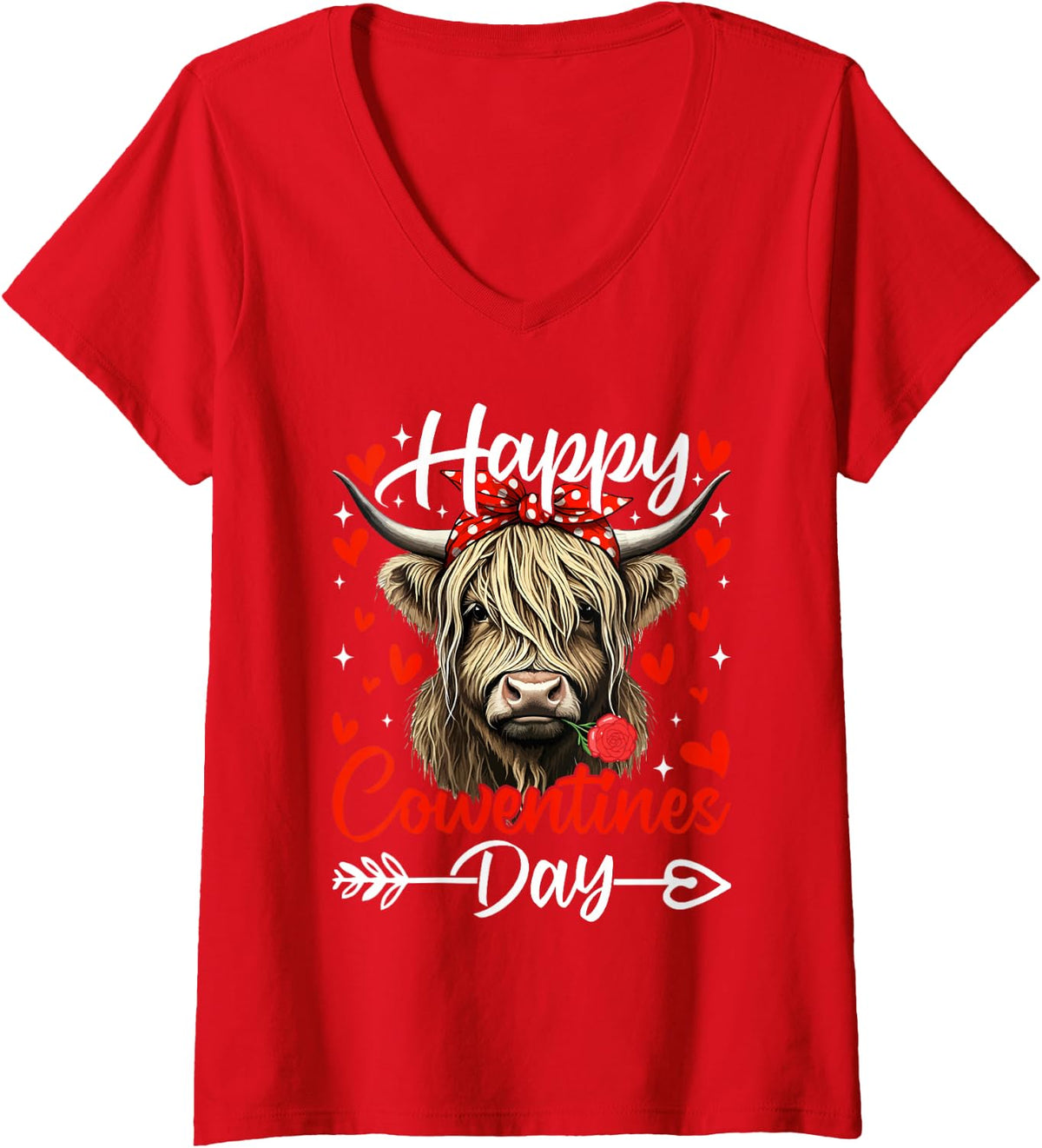 Women's Happy Cowntines Day Highland Cow Valentine’s Day Cow Lovers V-Neck T-Shirt - Red
