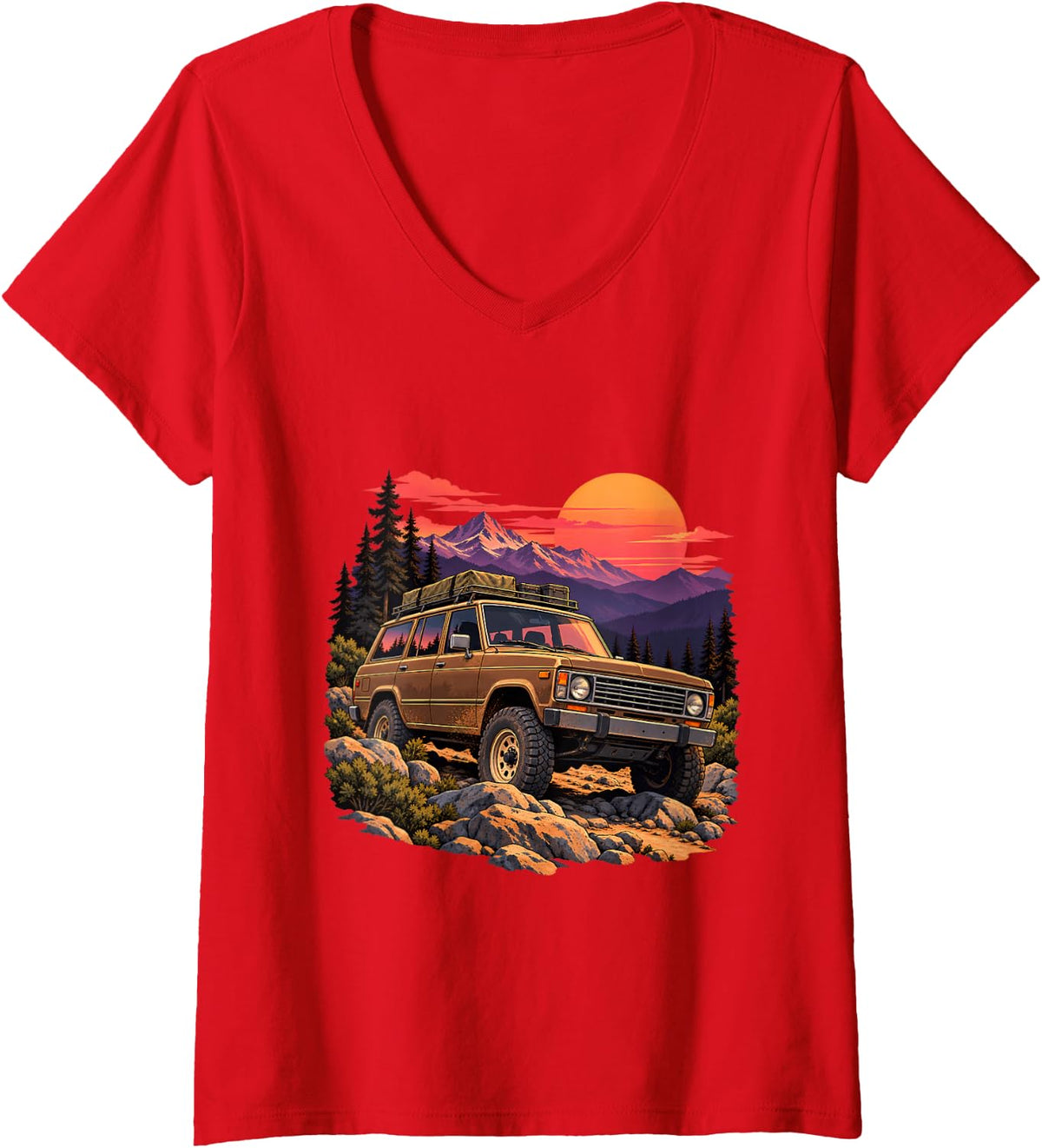 Women's Retro Sunset Overlanding 4x4 Off Road Mountain Expedition V-Neck T-Shirt - Red