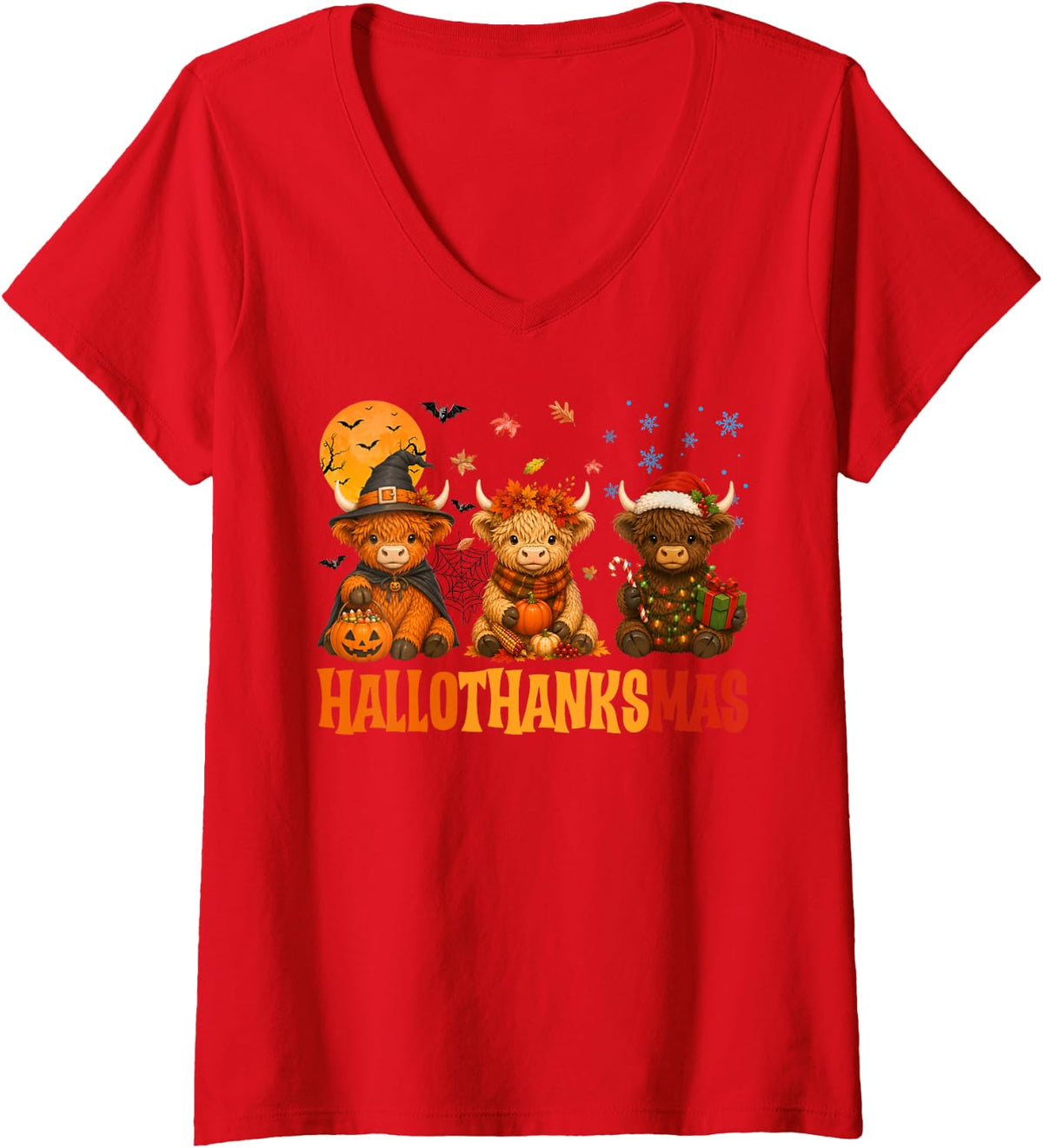 Women's Hallothanksmas Highland Cow Halloween Thanksgiving Christmas V-Neck T-Shirt - Red