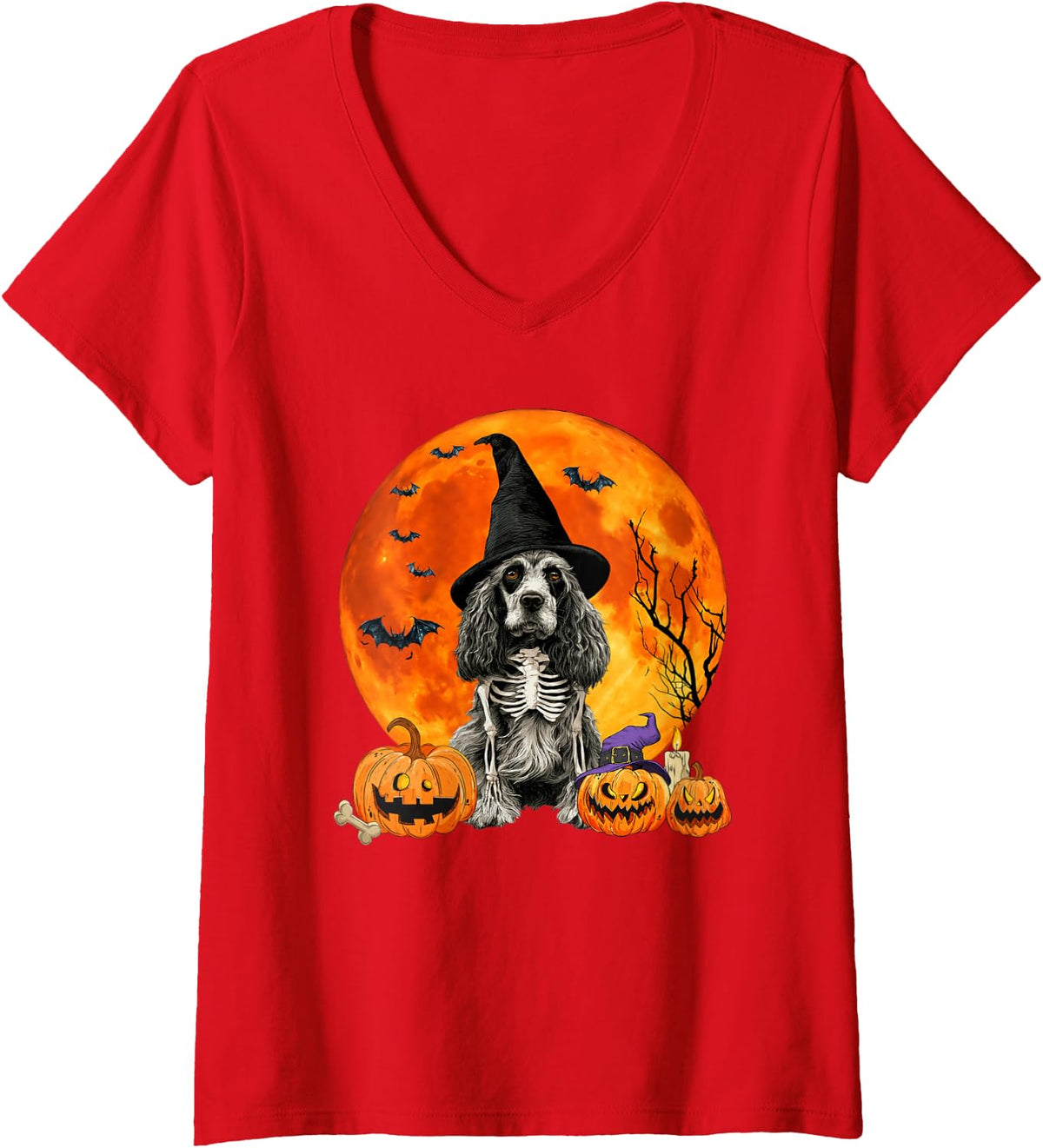 Women's Funny Witch Cocker Spaniel Dog Spooky Fall Halloween V-Neck T-Shirt - Red