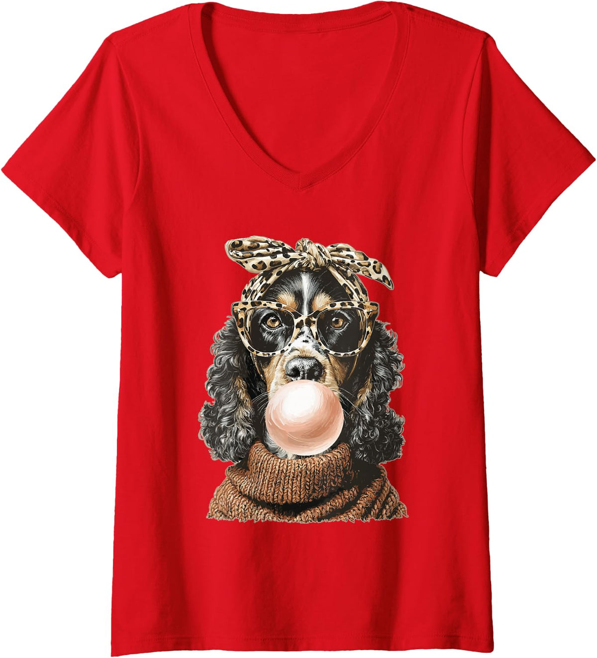 Women's Black Cocker Spaniel with Bubblegum Coquette Bow Autumn Dog V-Neck T-Shirt - Red