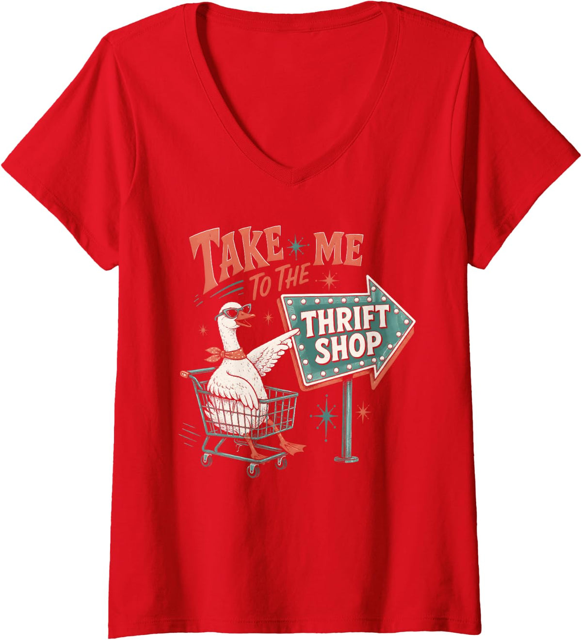 Women's Funny Cool Goose in Shopping Cart Thrift Shop Shopper V-Neck T-Shirt - Red
