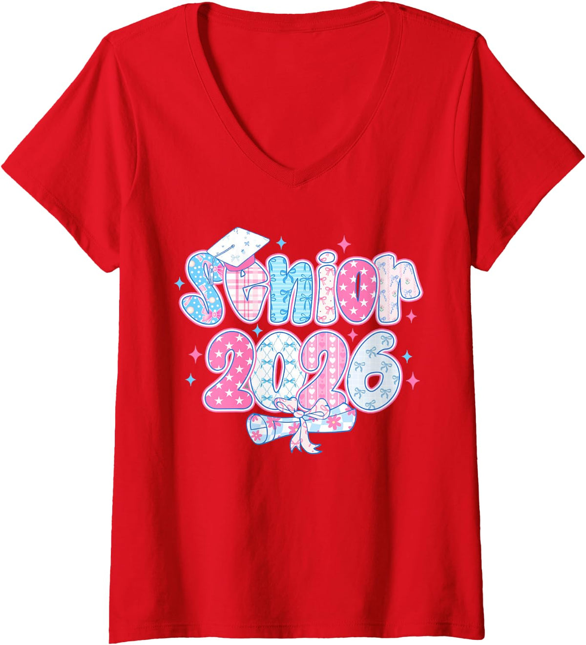 Women's Senior Crown Class of 2026 Cute Coquette Bow Teacher Student V-Neck T-Shirt - Red