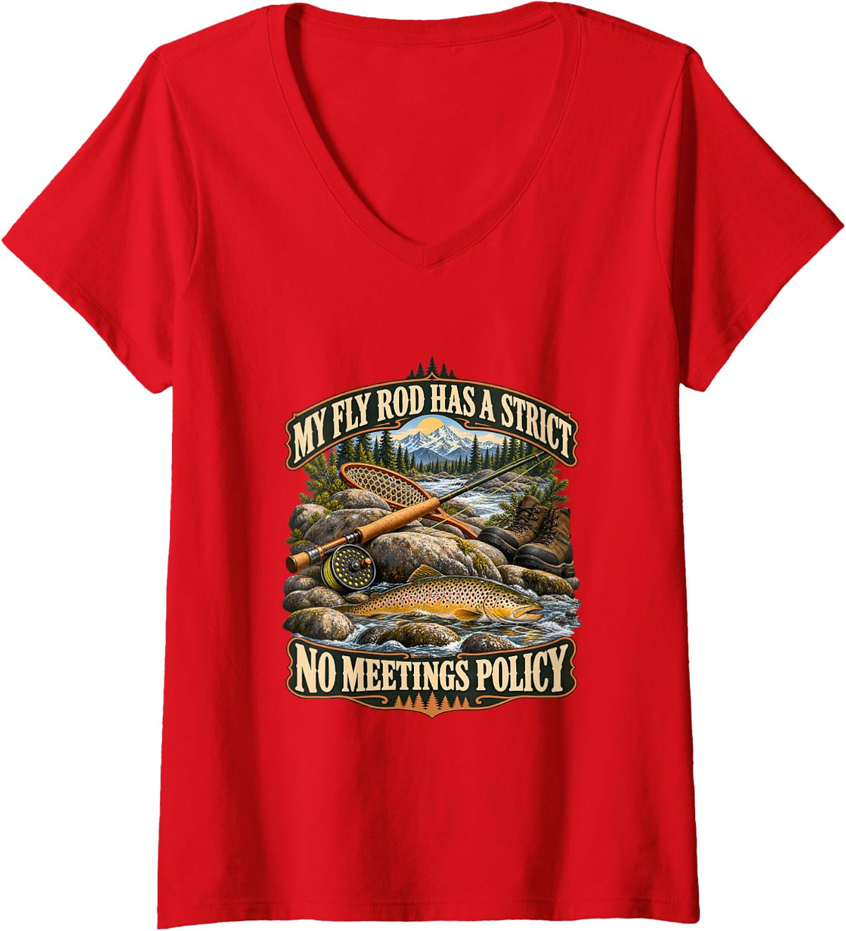 Women's Fly Rod No Meetings Policy Funny Fly Fishing V-Neck T-Shirt - Red
