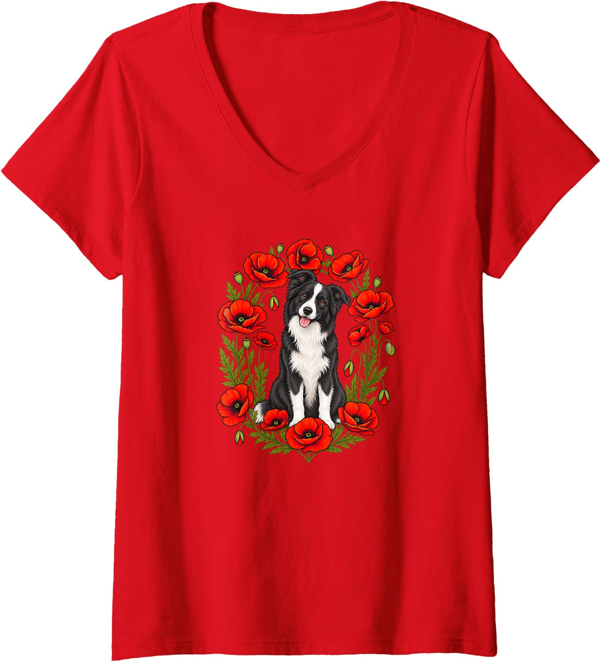 Women's Womens Girls Flower Floral Black & White Border Collie Lover V-Neck T-Shirt - Red