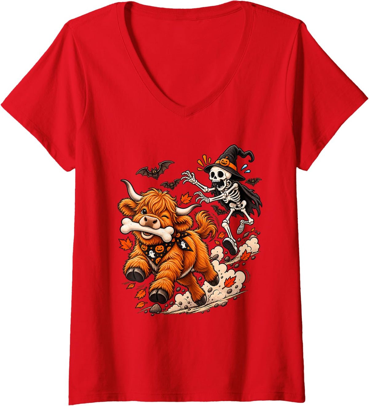 Women's Funny Highland Cow Chased by Skeleton Halloween Men Women V-Neck T-Shirt - Red