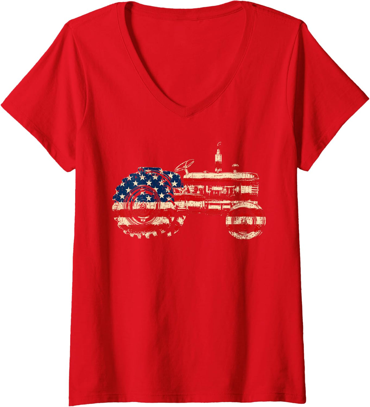 Women's Farm Tractor Proud Farmer Patriotic American Flag Tractor V-Neck T-Shirt - Red