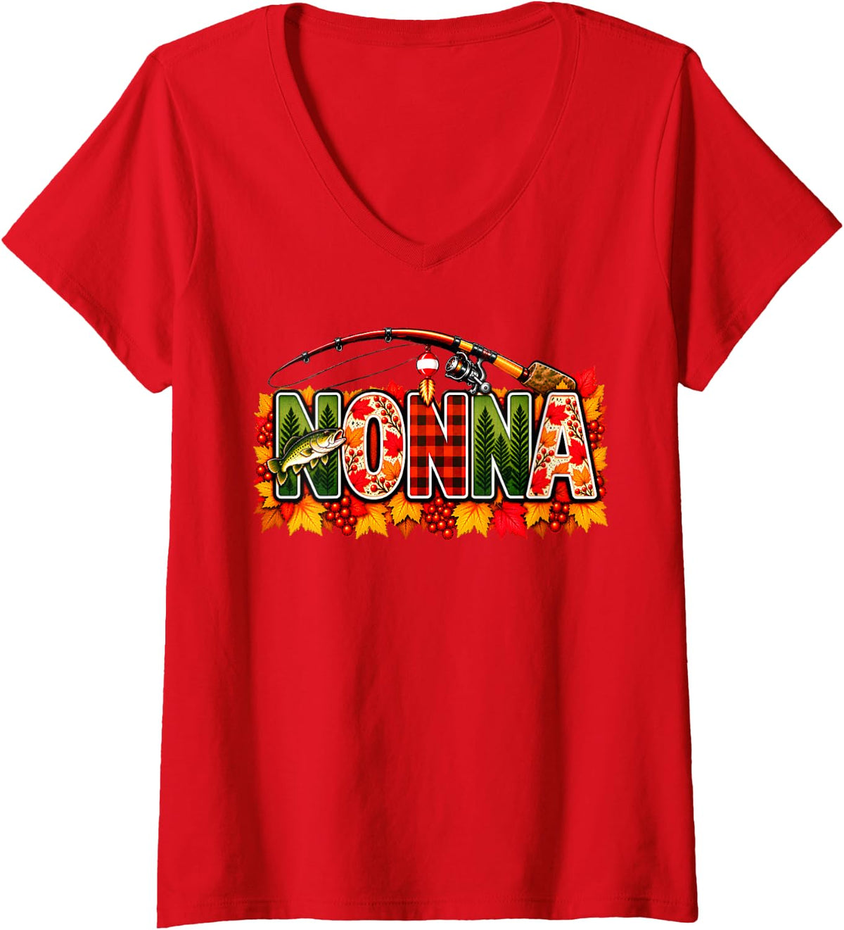 Women's Thanksgiving Fishing Nonna Fall Autumn Bass Birthday Family V-Neck T-Shirt - Red