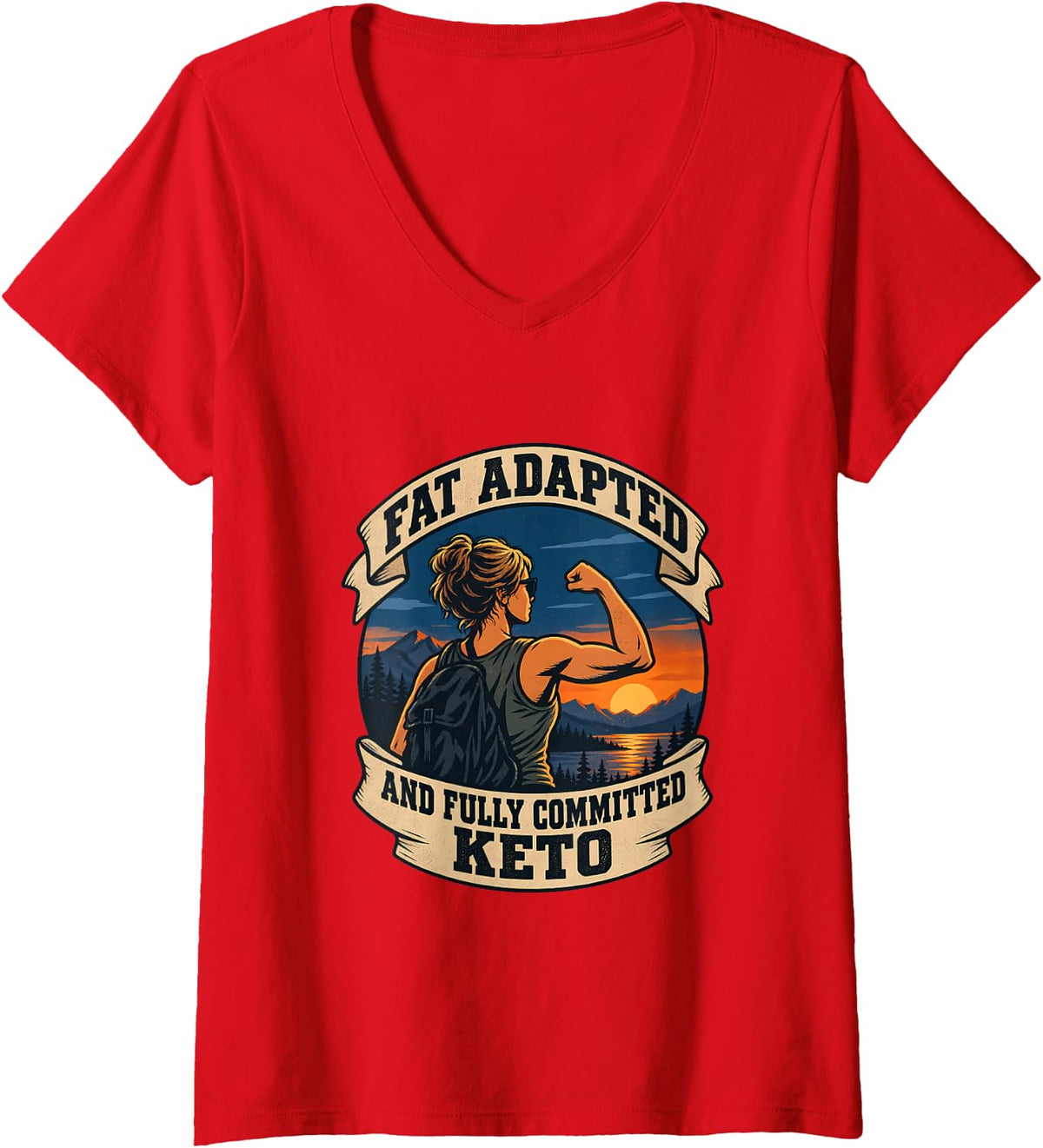 Women's Fat Adapted and Fully Committed Keto Strong V-Neck T-Shirt - Red