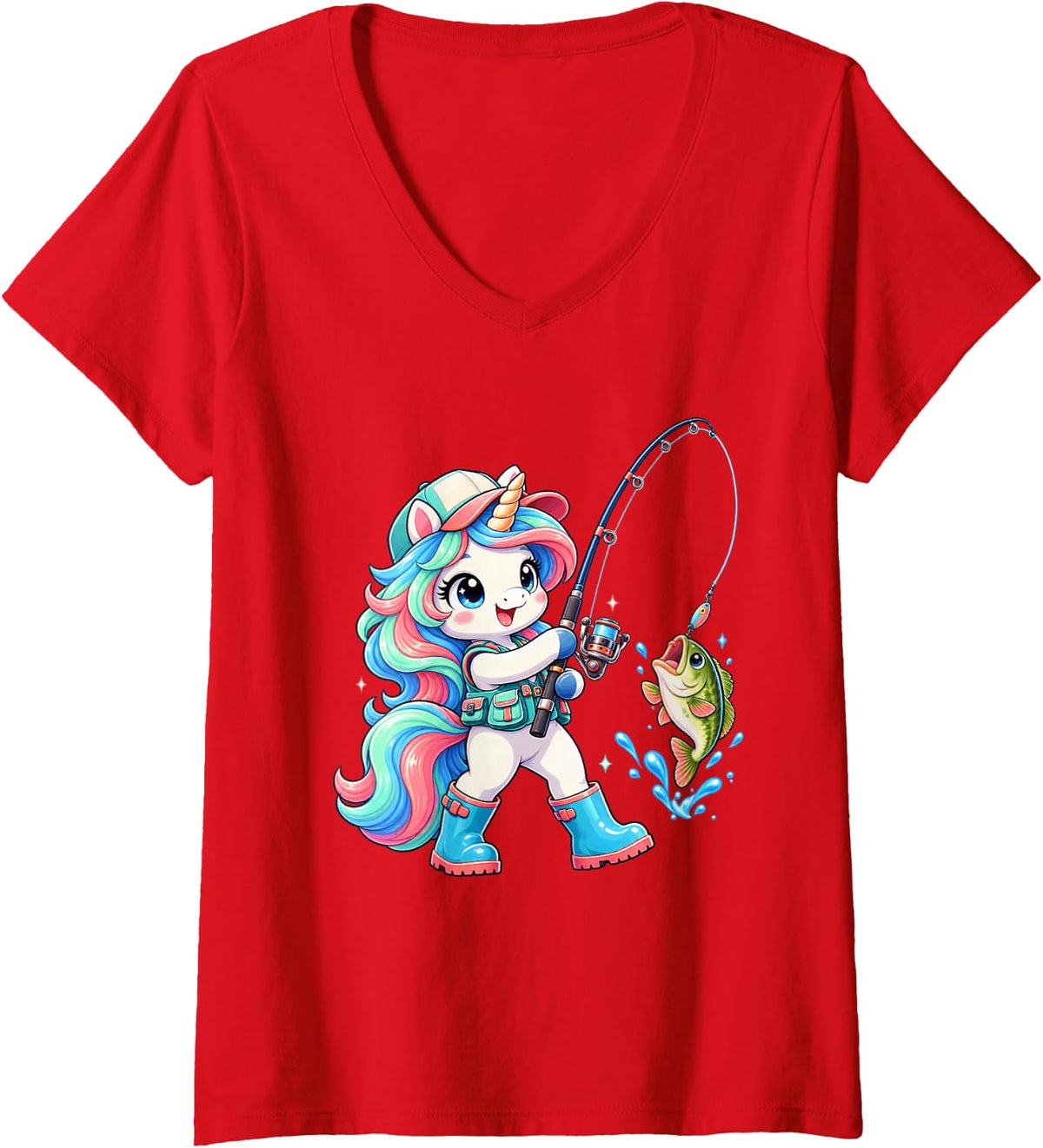 Women's Cute Unicorn Bass Fishing Angler Fisher Girl Women V-Neck T-Shirt - Red