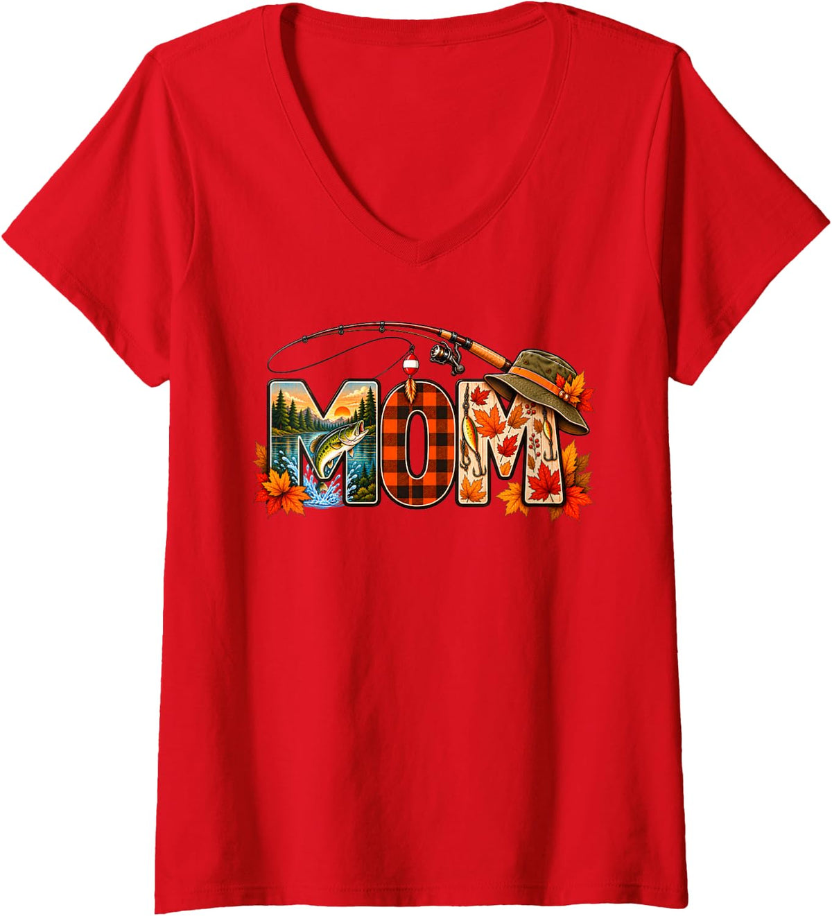 Women's Thanksgiving Fishing Mom Fall Autumn Bass Birthday Family V-Neck T-Shirt - Red