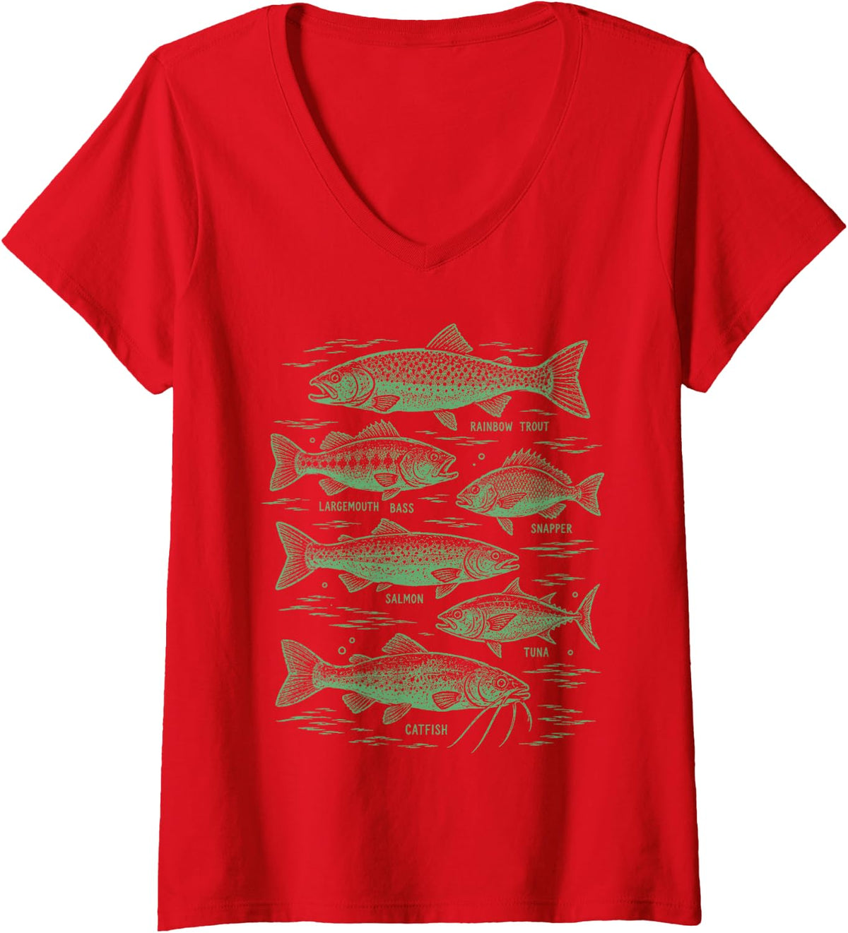 Women's Fish Species Fishing Fisherman Catfish Tuna Salmon Angler V-Neck T-Shirt - Red