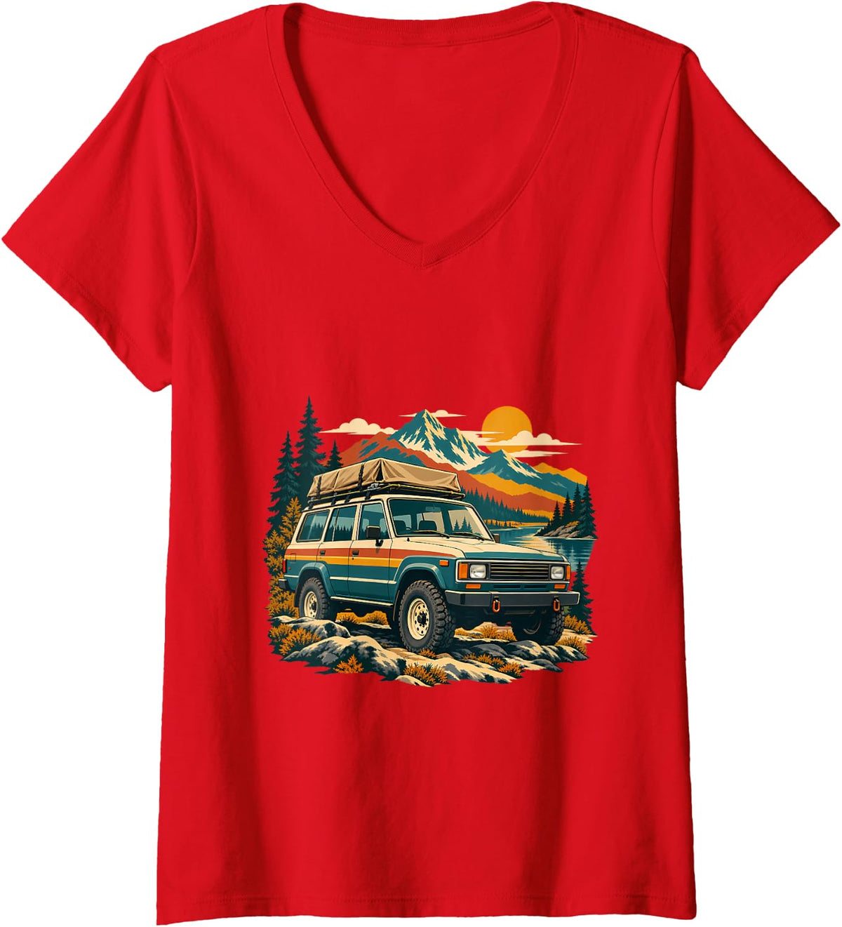 Women's Vintage Overlanding 4x4 Off Road Mountain Adventure V-Neck T-Shirt - Red