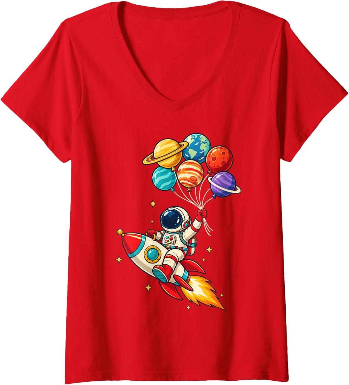 Women's Cute Astronaut Riding Rocket with Solar System Planet V-Neck T-Shirt - Red
