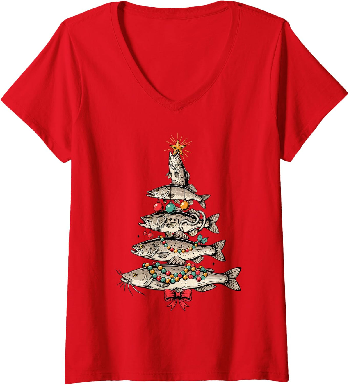 Women's Fish Christmas Tree Fishing Xmas Tree Angler V-Neck T-Shirt - Red