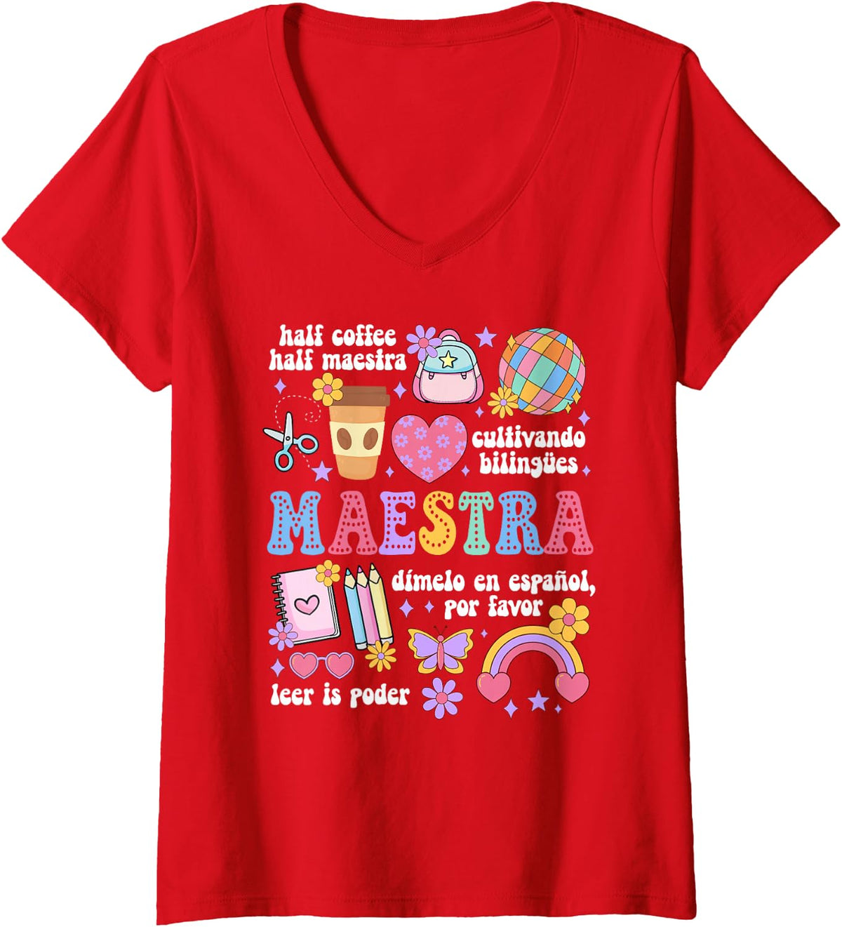 Womens Groovy Maestra De Español Spanish Teacher Maestra Bilingue V-Neck T-Shirt - Red