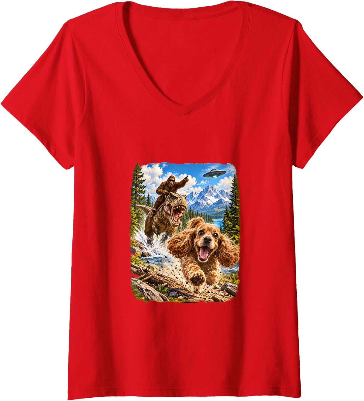 Women's Cocker Spaniel Bigfoot T Rex UFO Selfie Gifts Men Women Kid V-Neck T-Shirt - Red