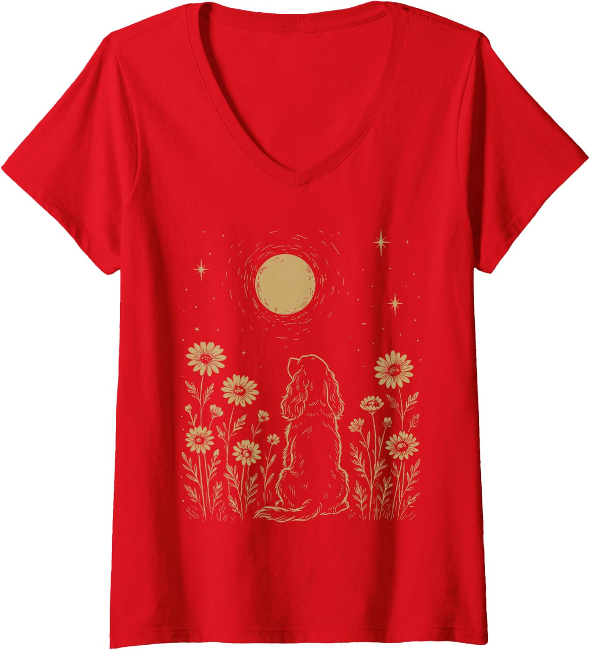 Women's English Cocker Spaniel Moon Minimalist Boho Dog Night Flower V-Neck T-Shirt - Red