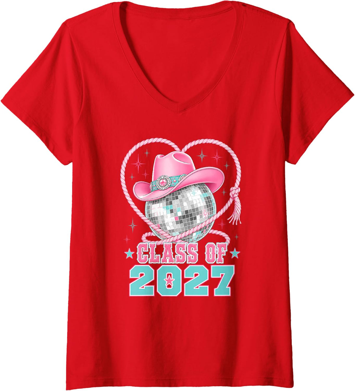 Women's Class of 2027 Cowgirl Hat Disco Ball Western School Senior V-Neck T-Shirt - Red