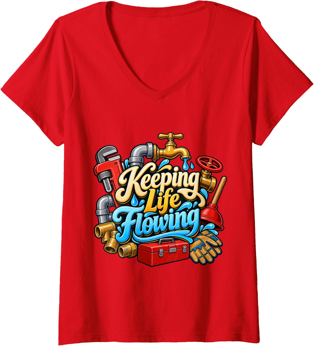 Women's Plumber - Keeping Life Flowing V-Neck T-Shirt - Red