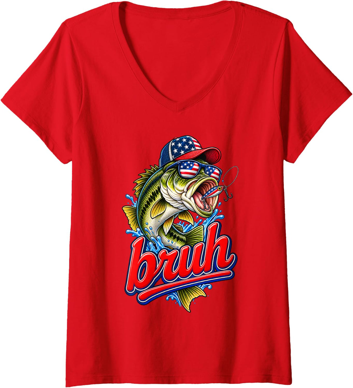 Women's Funny Bruh Bass Fish Fishing Patriotic American USA Flag Men V-Neck T-Shirt - Red