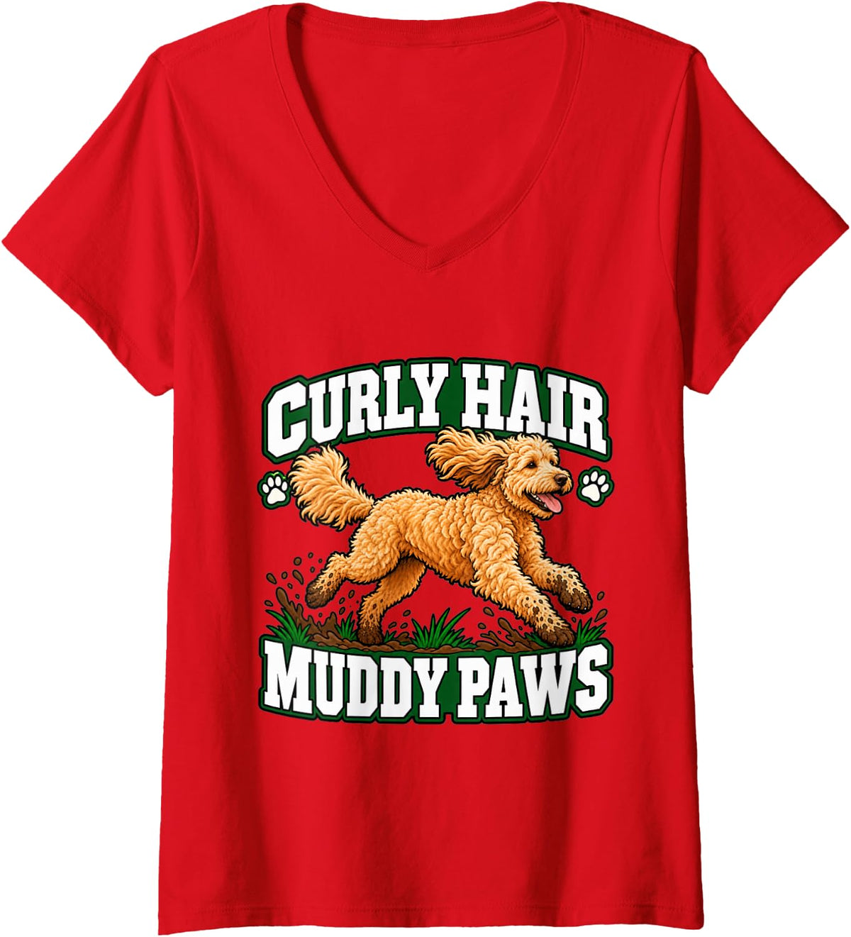 Women's Goldendoodle Curly Hair Muddy Paws Doodle Dad Funny Pup V-Neck T-Shirt - Red