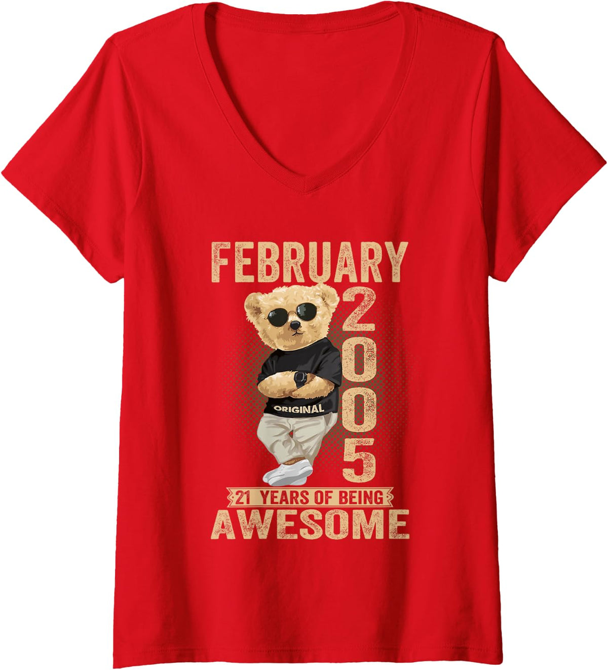 Women's February 2005 21st Birthday 2026 Women 21 Years Teddy Bear V-Neck T-Shirt - Red