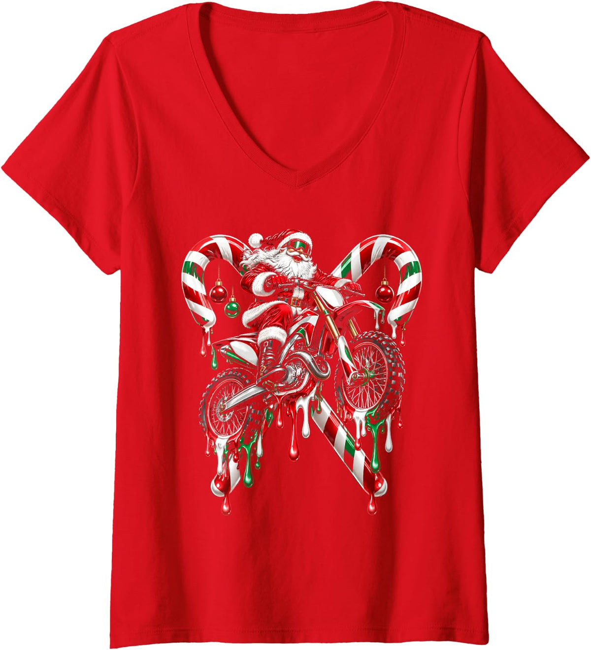 Women's Motocross Christmas Santa Dirt Bike Funny Xmas V-Neck T-Shirt - Red