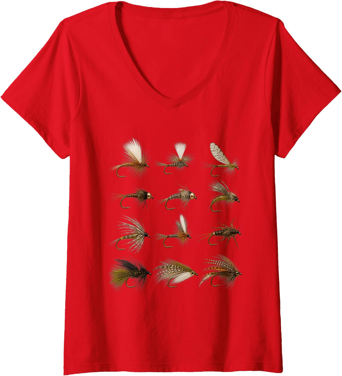 Women's Dry Fly Wet Fly Nymph Trout Fishing Lure Collection V-Neck T-Shirt - Red