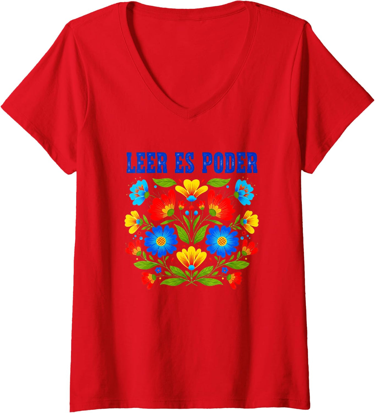 Women's Leer ES Poder Floral Boho Spanish Teacher Reader V-Neck T-Shirt - Red