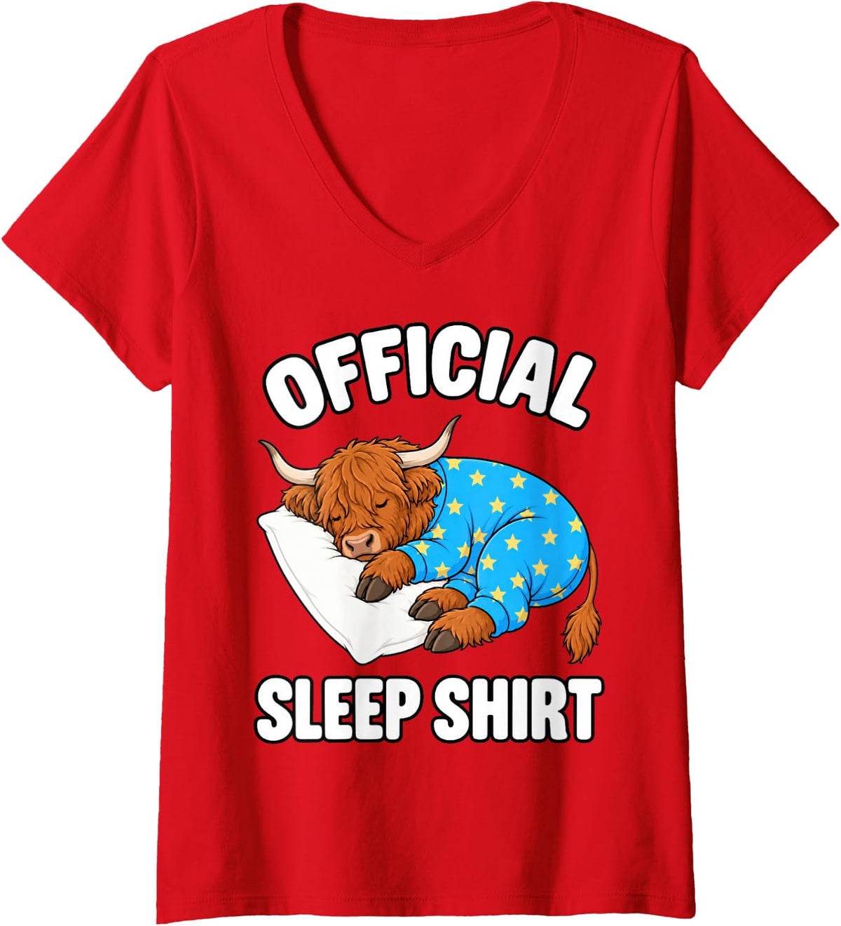 Women's Highland Cow Sleeping in Pajamas Official Sleepshirt Cute V-Neck T-Shirt - Red
