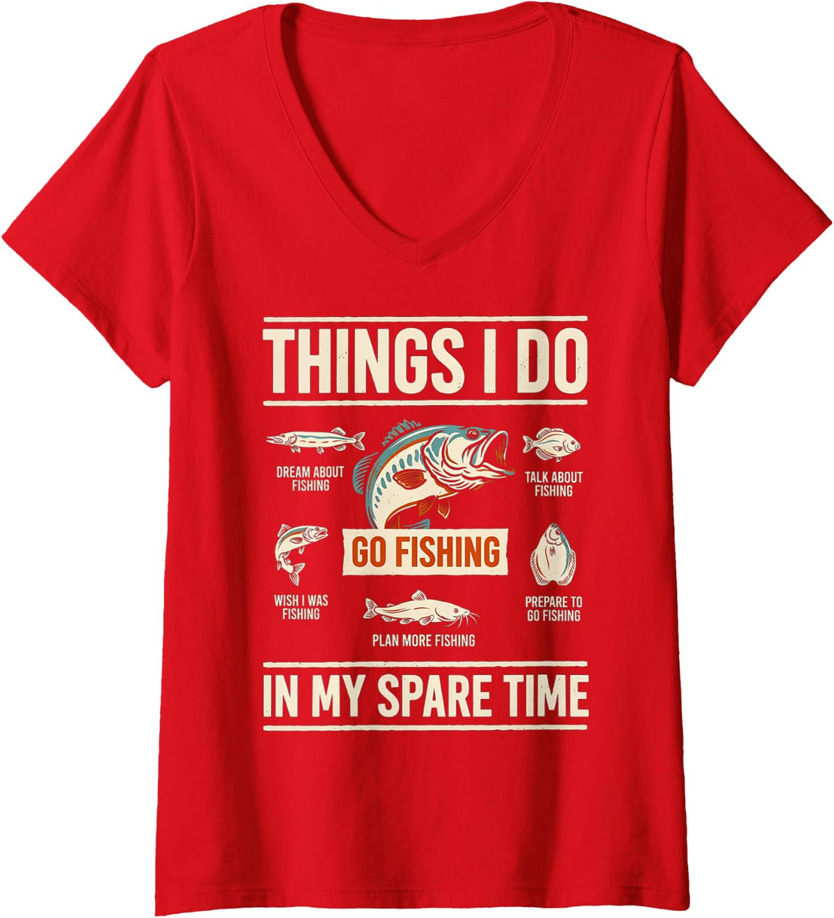 Women's Things I Do in My Spare Time Fishing Boys Men Bass Fishing V-Neck T-Shirt - Red