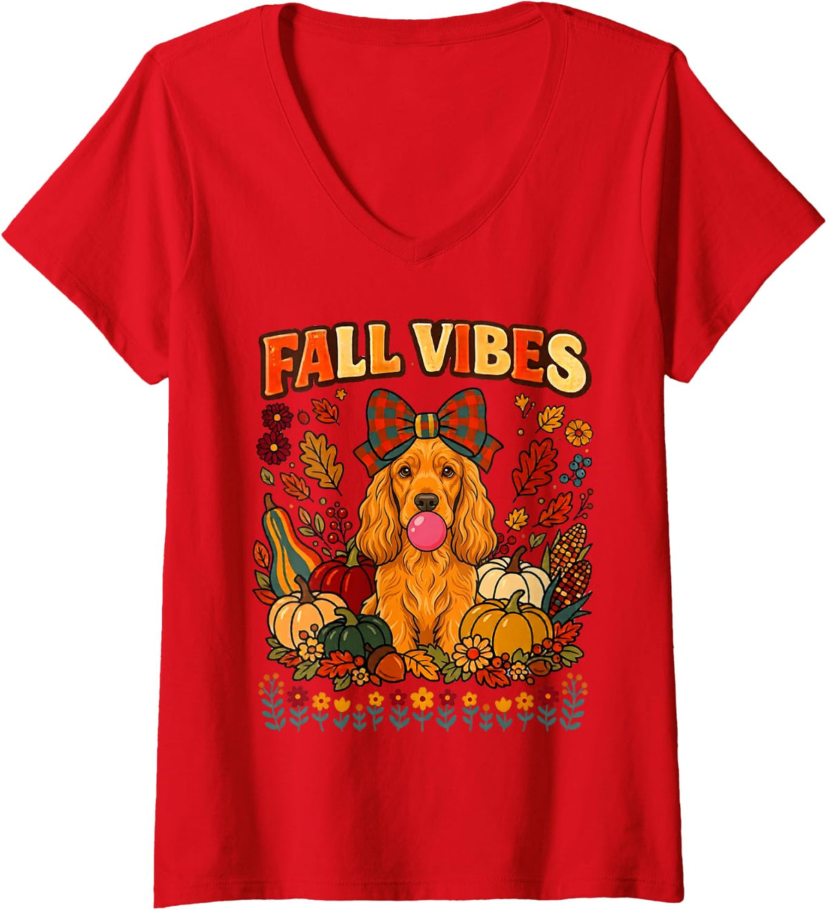 Women's Fall Vibes Cocker Spaniel Dog Coquette Pumpkin Autumn Season V-Neck T-Shirt - Red