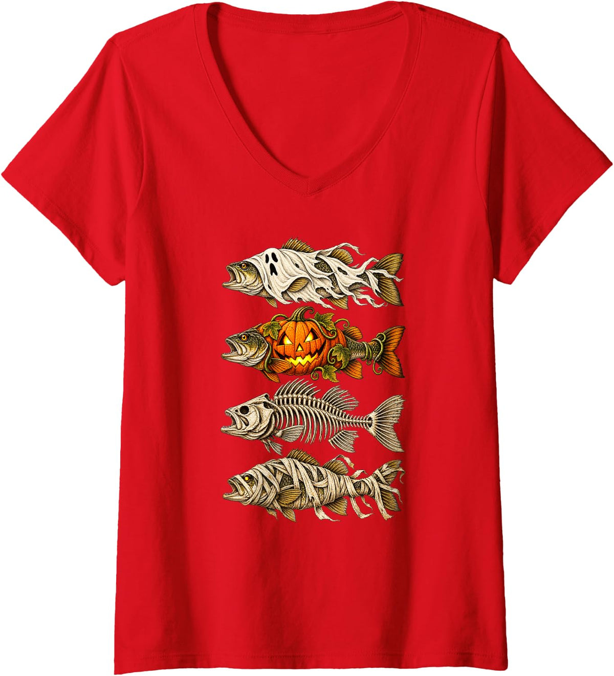 Women's Halloween Fishing Skeleton Fish Mummy Jack O Lantern V-Neck T-Shirt - Red
