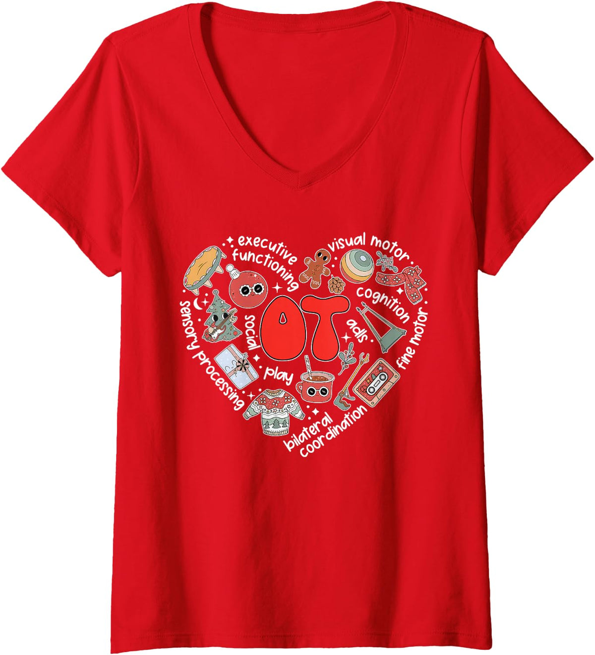 Women's OT Occupational Therapy Heart Christmas OT Therapist Xmas V-Neck T-Shirt - Red