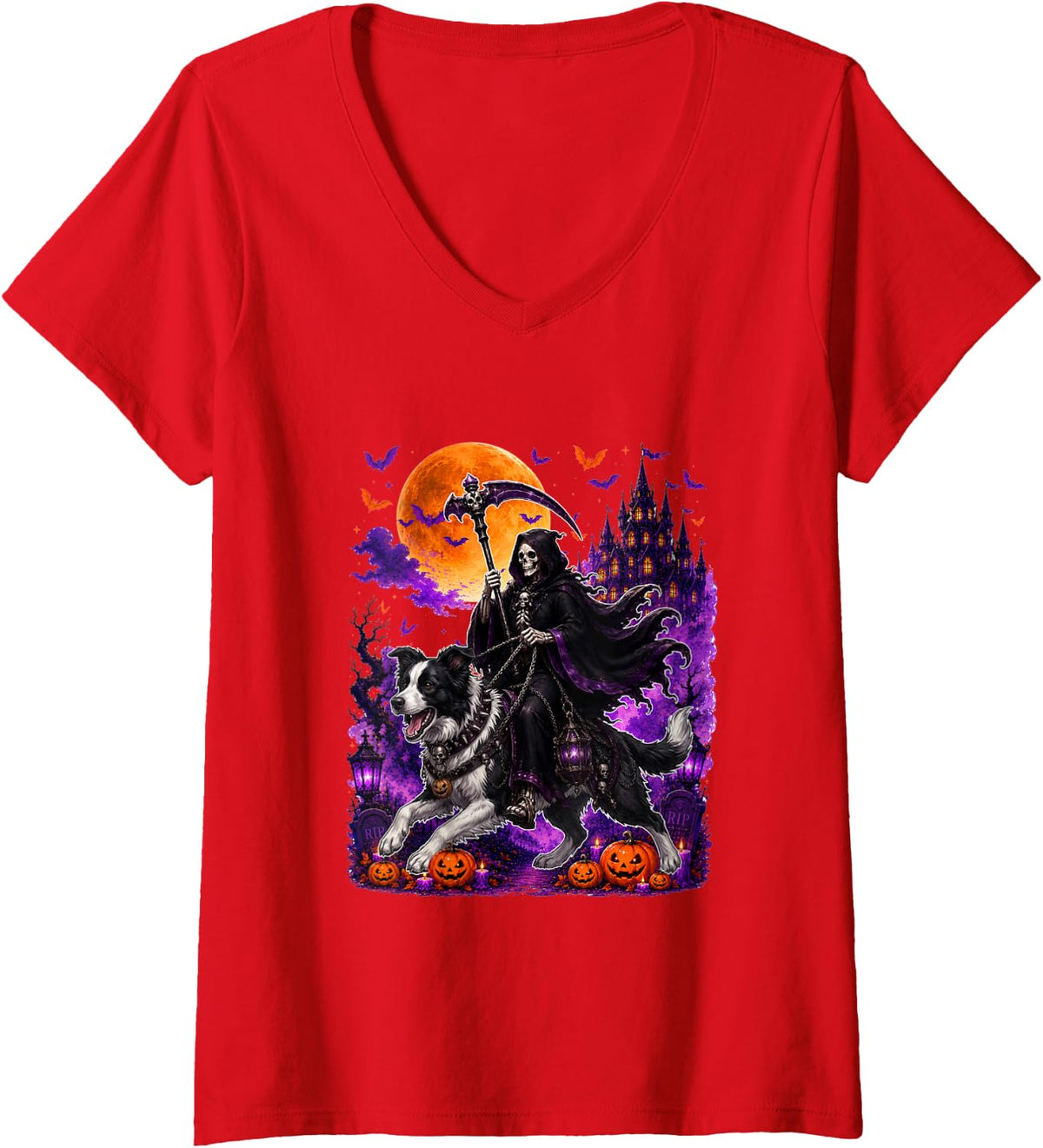 Women's Horror Skeleton Ridding Border Collie Halloween Owner Family V-Neck T-Shirt - Red