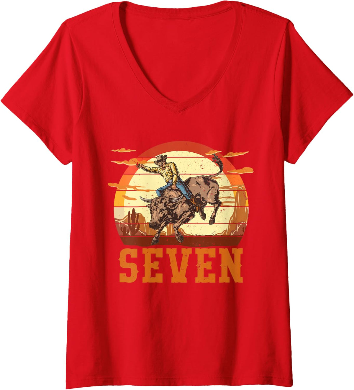 Women's Bull Riding 7th Birthday 7 Years Old Boy Cowboy Rodeo V-Neck T-Shirt - Red