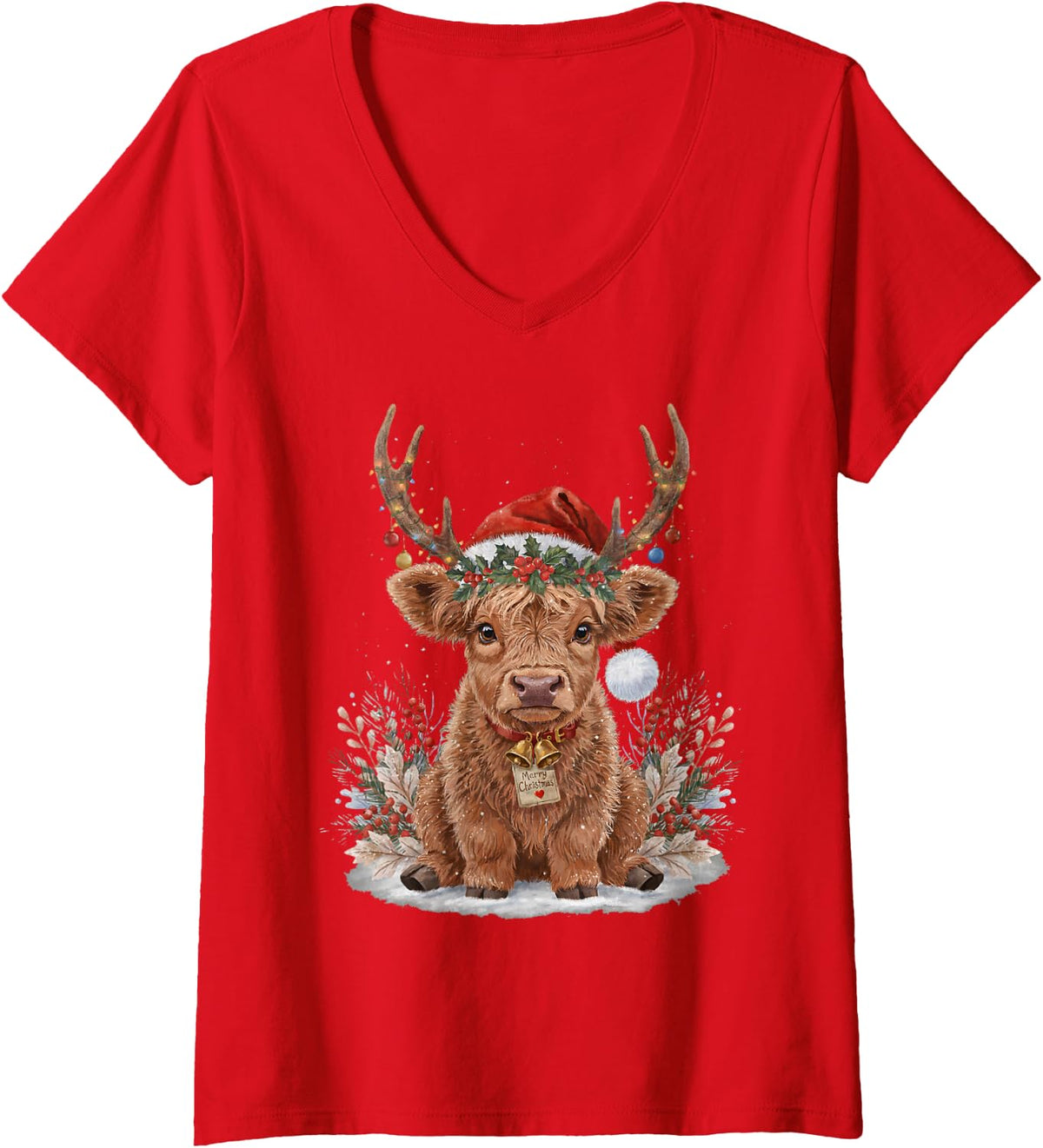 Women's Merry Christmas Highland Cow Lover Santa Holiday V-Neck T-Shirt - Red