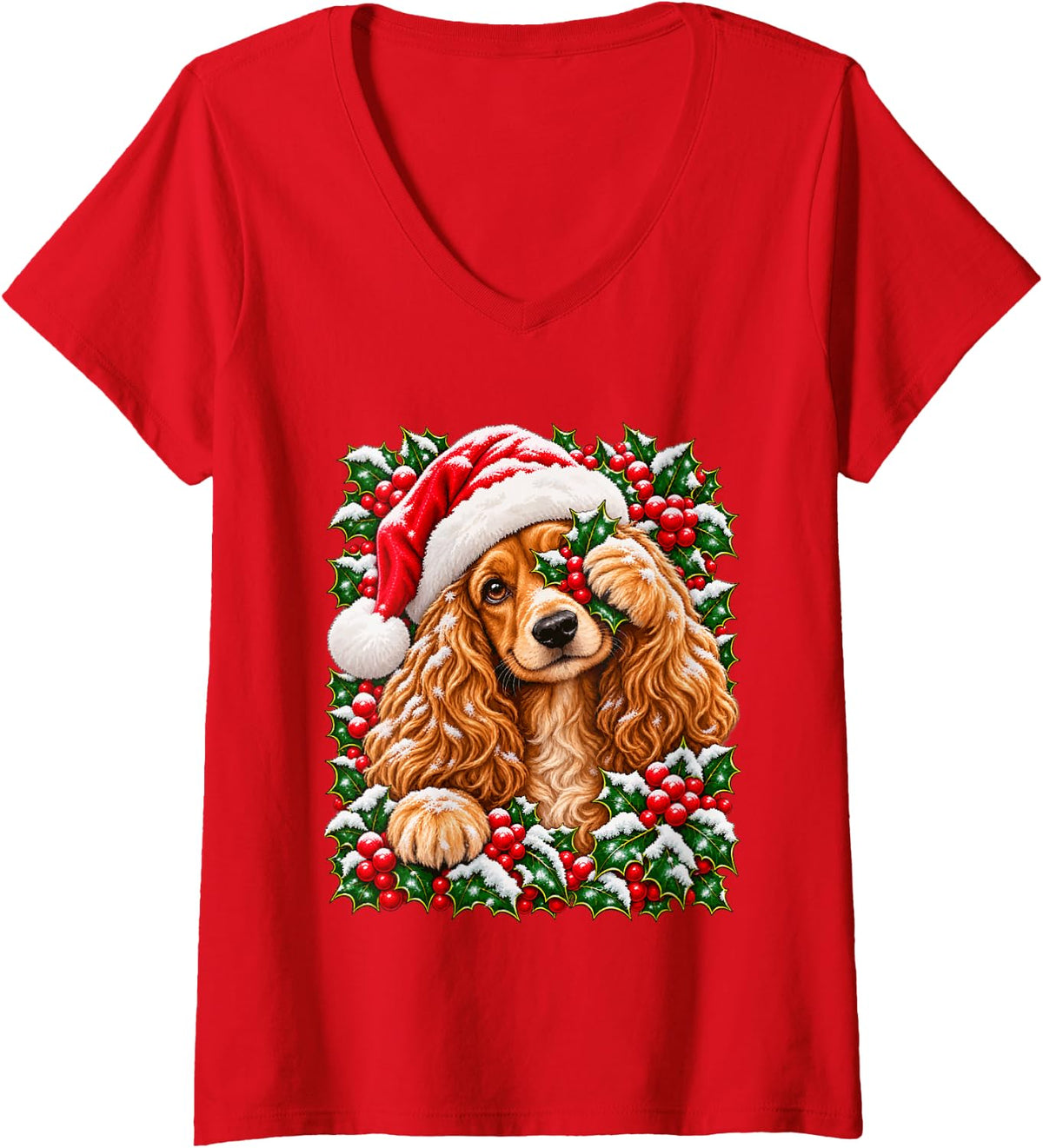 Women's Christmas Cocker Spaniel Peeking with Holly Berries Dog Xmas V-Neck T-Shirt - Red