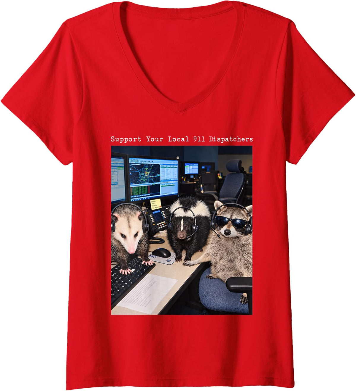 Women's Support Your Local 911 Dispatchers Raccoon Possum Skunk V-Neck T-Shirt - Red
