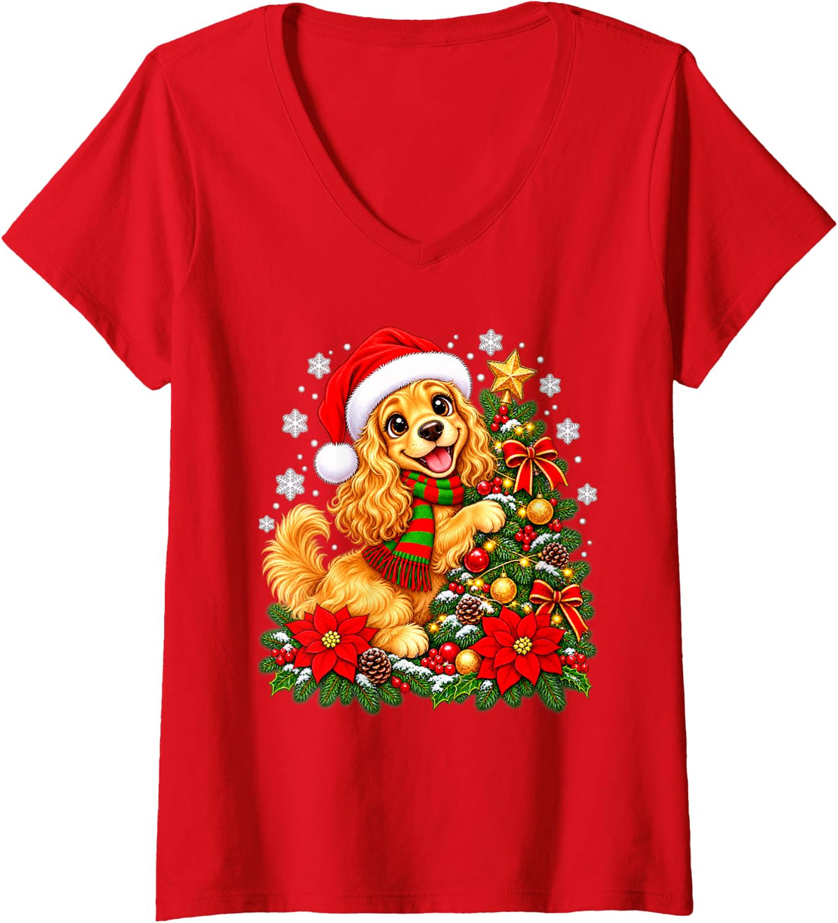 Women's Christmas Tree Cocker Spaniel Santa Hat Men Women Kids V-Neck T-Shirt - Red