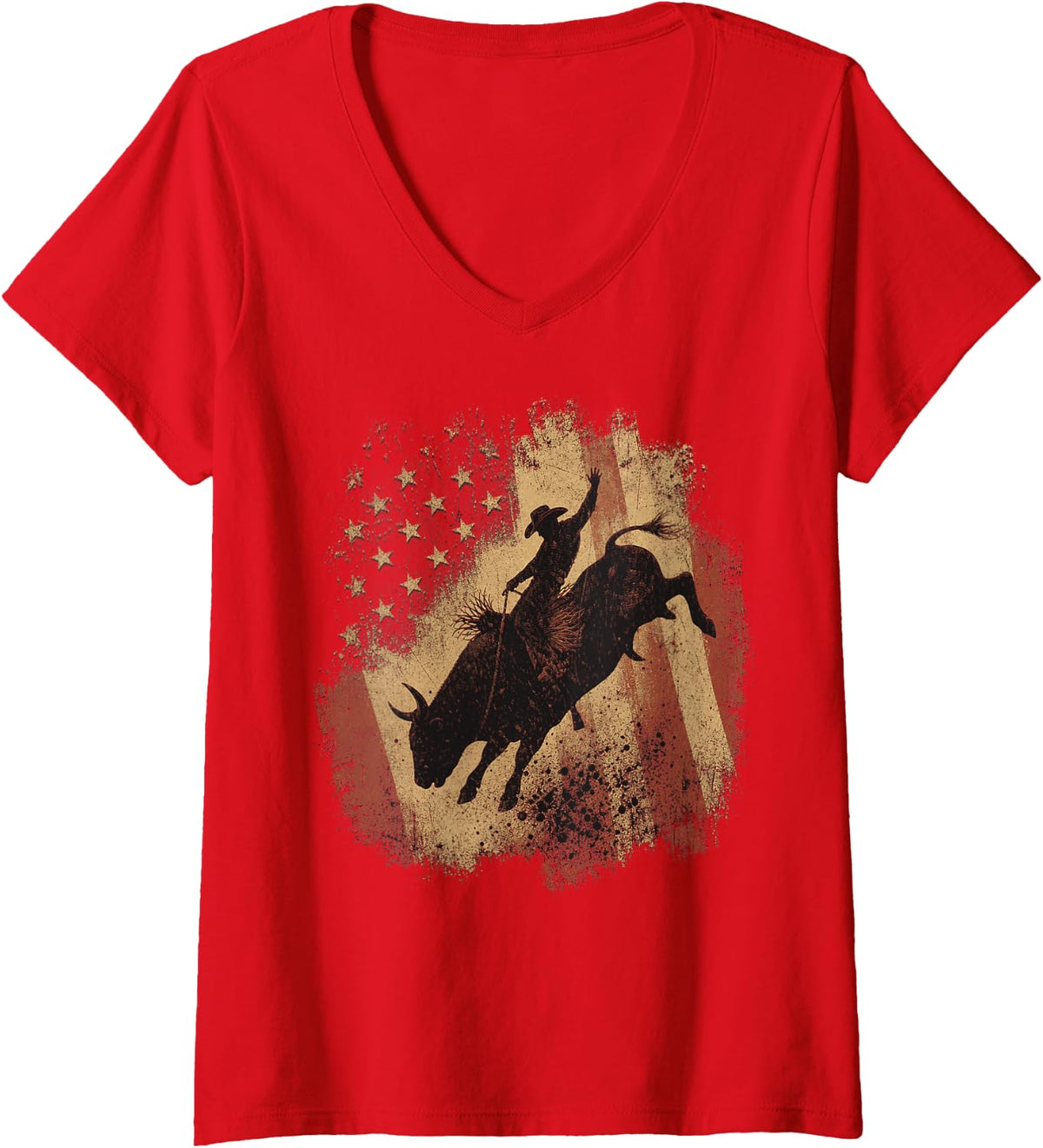 Women's Cowboy Riding Bull Patriotic American Flag Design V-Neck T-Shirt - Red
