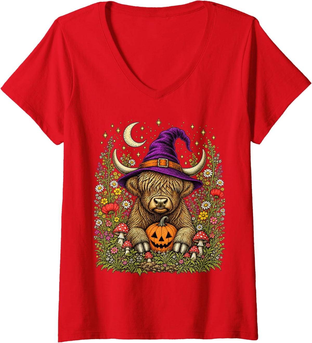 Women's Highland Cow Witch Skeleton Halloween Flowers Pumpkin Fall V-Neck T-Shirt - Red