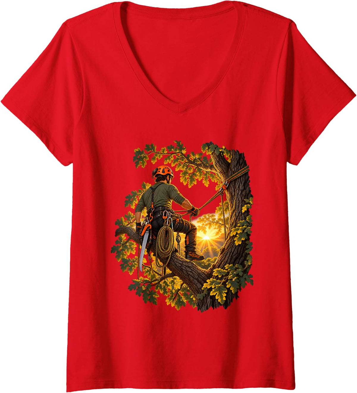 Women's Arborist Tree Climber Oak Tree Sunrise Rope Climbing V-Neck T-Shirt - Red