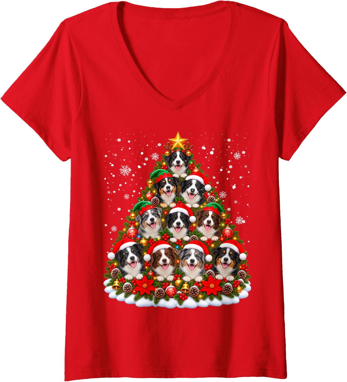 Women's Funny Christmas Tree Border Collie Family Xmas Pajamas V-Neck T-Shirt - Red